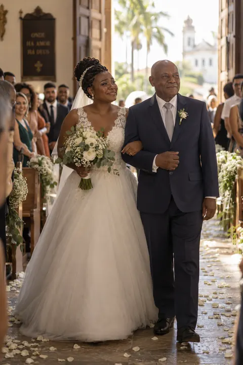 Foto de casamento — a noiva entrando na cerimônia