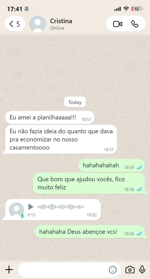 Mensagem de uma noiva no WhatsApp elogiando a planilha de orçamento
