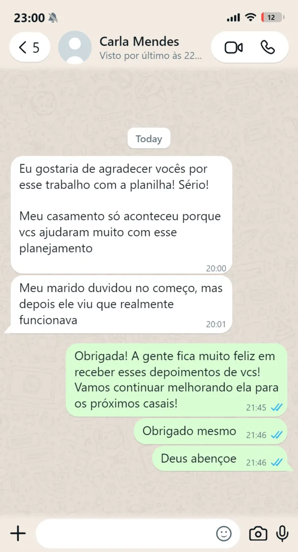 Mensagem de uma noiva no WhatsApp dizendo que a planilha funcionou de verdade